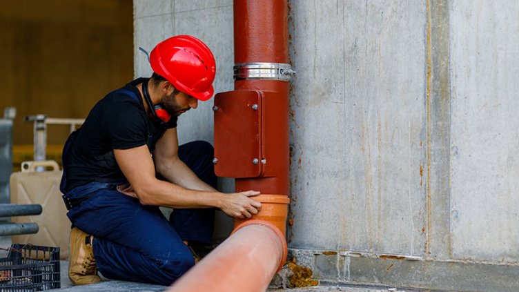 A facilities management professional in hard hat repairs a large pipe in an industrial setting