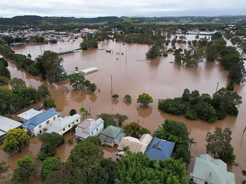 Houses are surrounded by floodwater on March 31, 2022 in Lismore, Australia