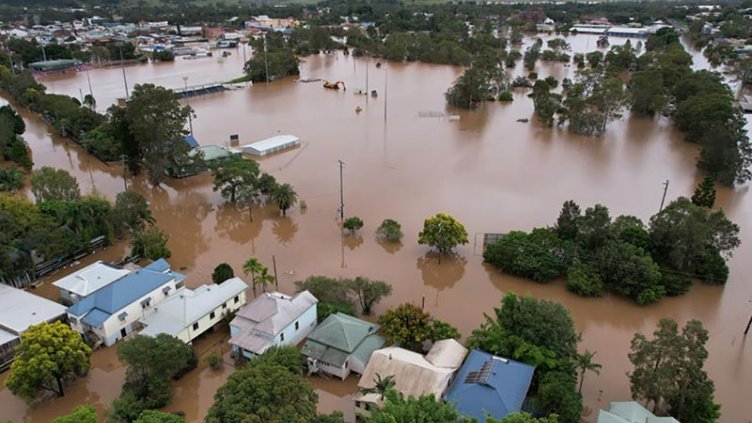 Houses are surrounded by floodwater on March 31, 2022 in Lismore, Australia