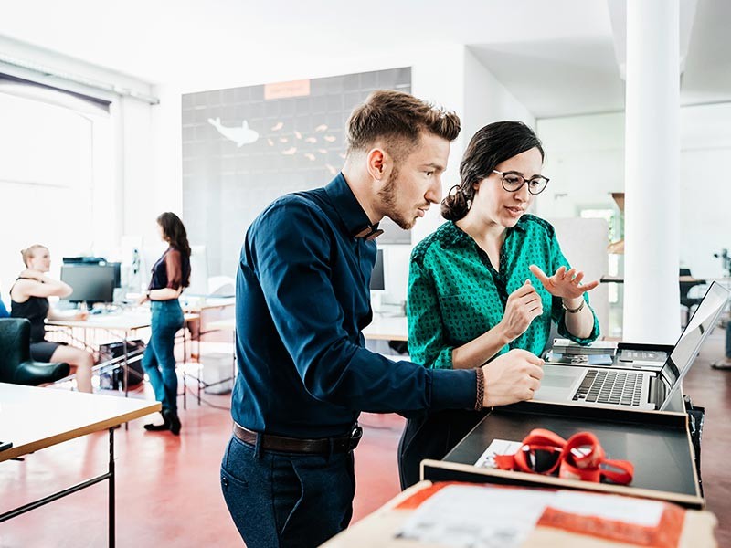 Two colleagues collaborating in their workplace.
