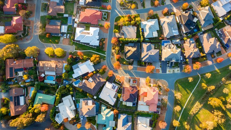 Aerial view of a typical suburb in Australia