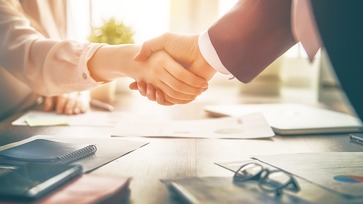 A man and a woman shake hands as they agree on a matter.