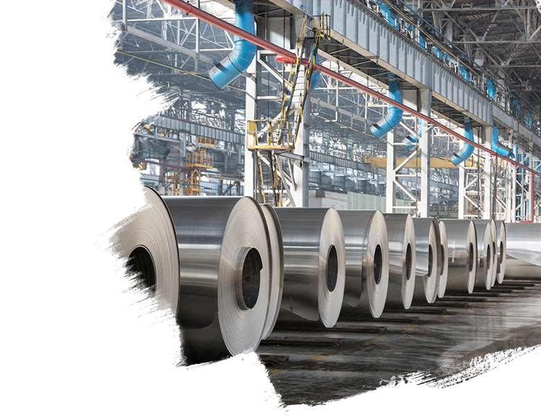 Row of rolls of aluminum lie in production plant