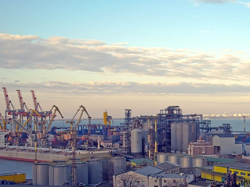 Aerial view of the industrial area near a water body