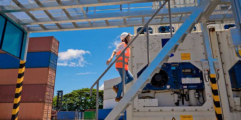 Woman in high vis vest and hard hat walks up steps in the outside area of a warehouse