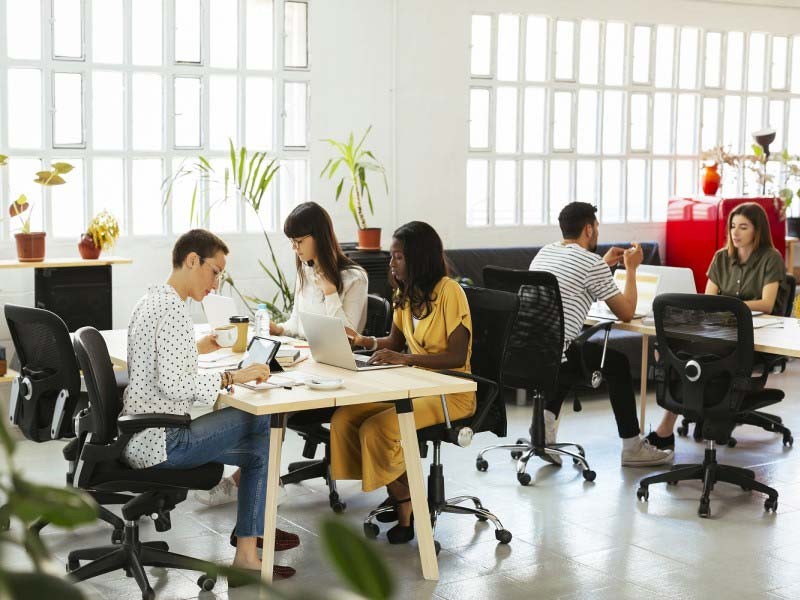 Employees working in the collaborative workspace